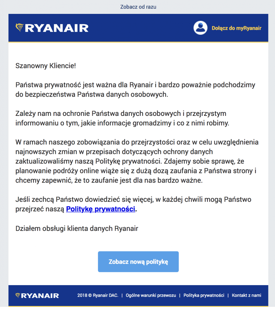 Przykład maila z informacją RODO Ryanair