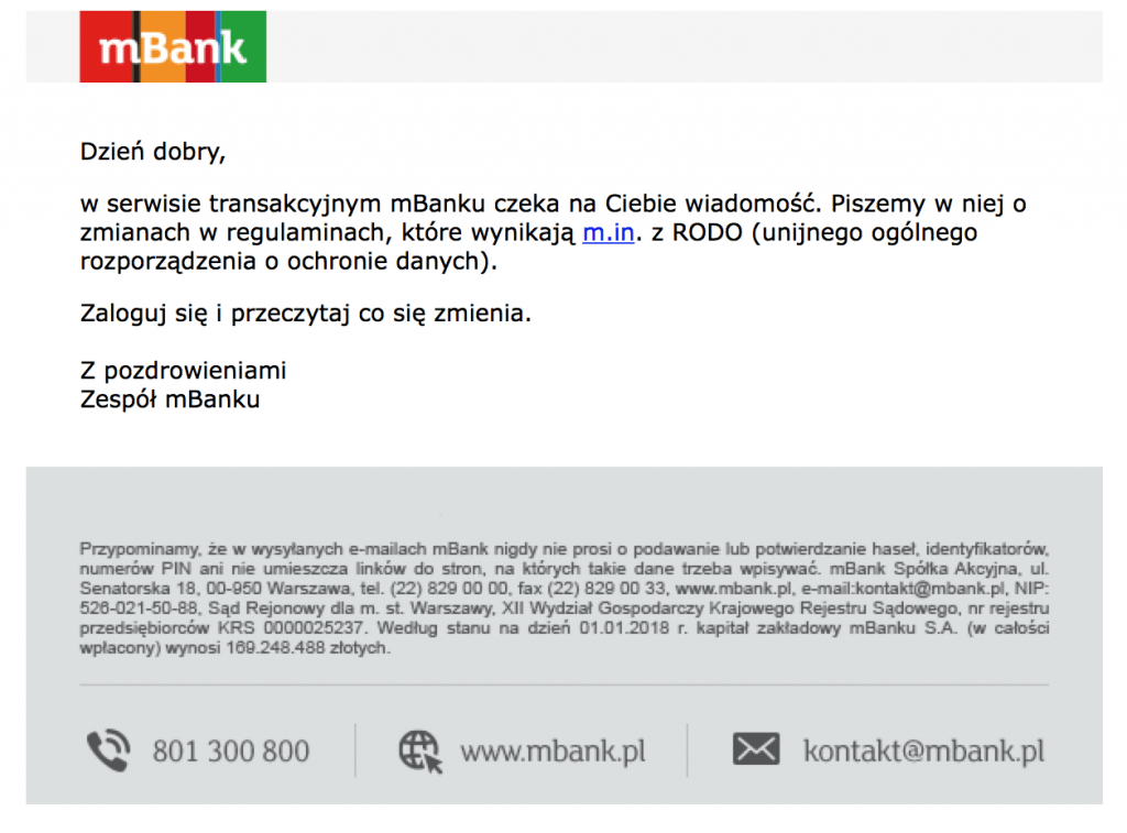 Przykład maila z informacją RODO mBank