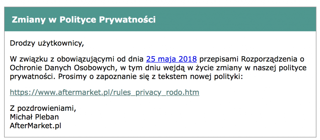 Przykład maila z informacją RODO AfterMarket.pl