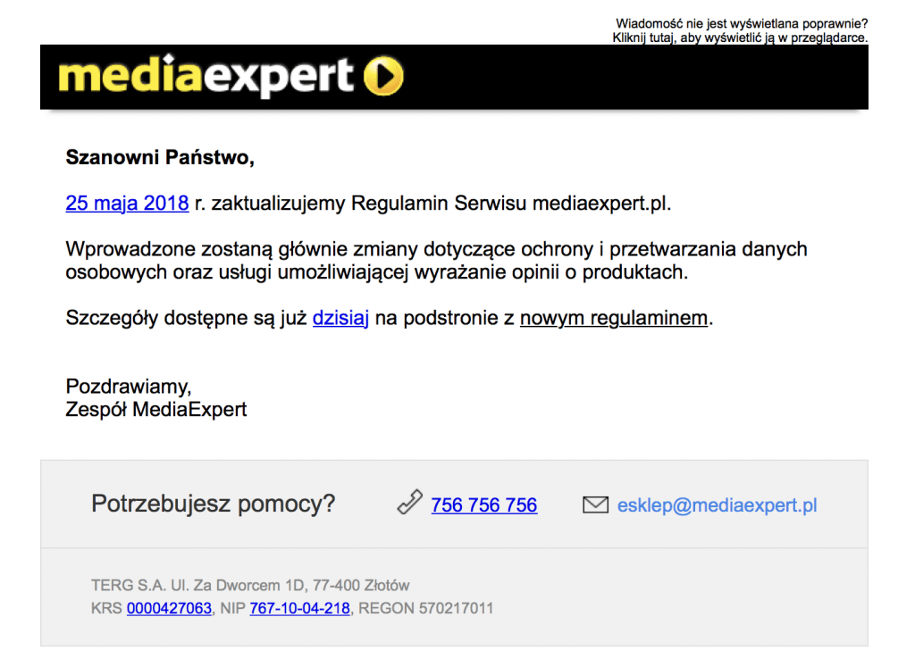 Przykład maila z informacją RODO MediaExpert