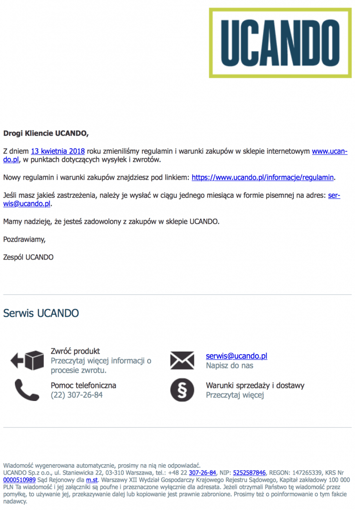 Przykład maila z informacją RODO UCANDO