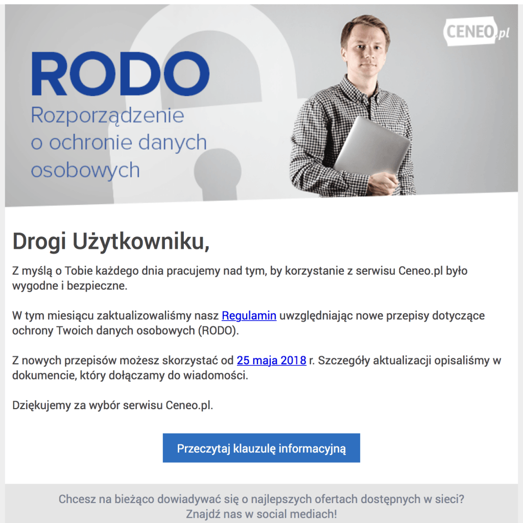 Przykład maila z informacją RODO i regulaminem Ceneo.pl